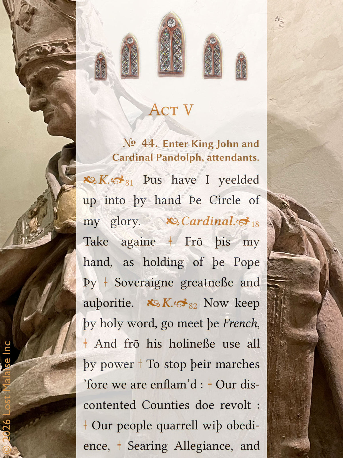 King John yields his crown to papal authority, only to receive it back under Rome’s protection. Set against a monumental papal statue, the scene becomes less about devotion than political leverage — sovereignty negotiated through ritual, fear, and spectacle.