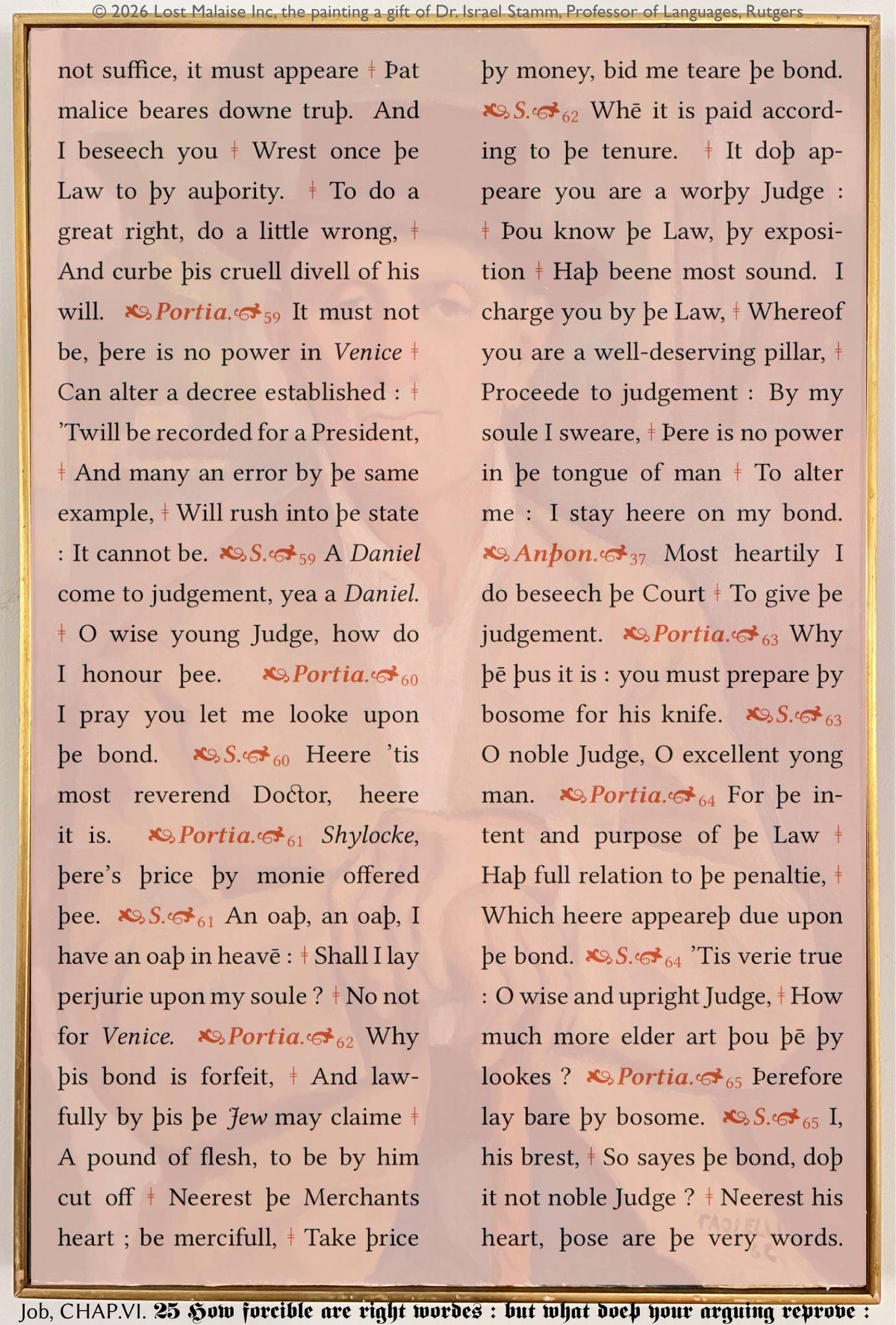 Cover artwork for The Merchant of Venice in the Fifth Folio edition featuring the courtroom bond trial between Portia, Shylock, and Antonio layered over a softly obscured inherited painting beneath the text, with a reproduced quotation from the Book of Job appearing along the lower margin.
