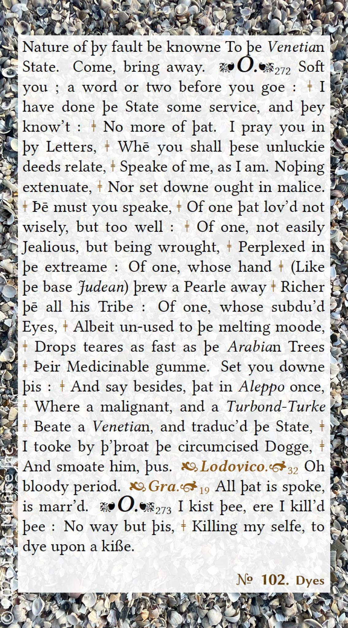 Cover artwork for Othello in the Fifth Folio edition featuring Othello’s final speech layered over a bed of seashells, invoking memory, loss, judgment, and the “pearl” cast away too late.
