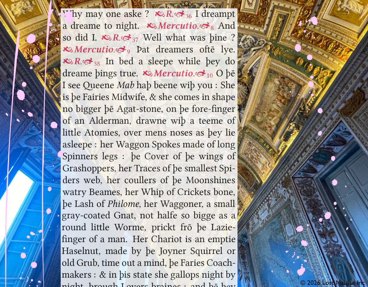 Homepage artwork for Fifth Folio showing a page from Romeo and Juliet over a Renaissance ceiling. Fifth Folio is a modern Shakespeare edition that continues the folio tradition established by the First, Second, Third, and Fourth Folios.