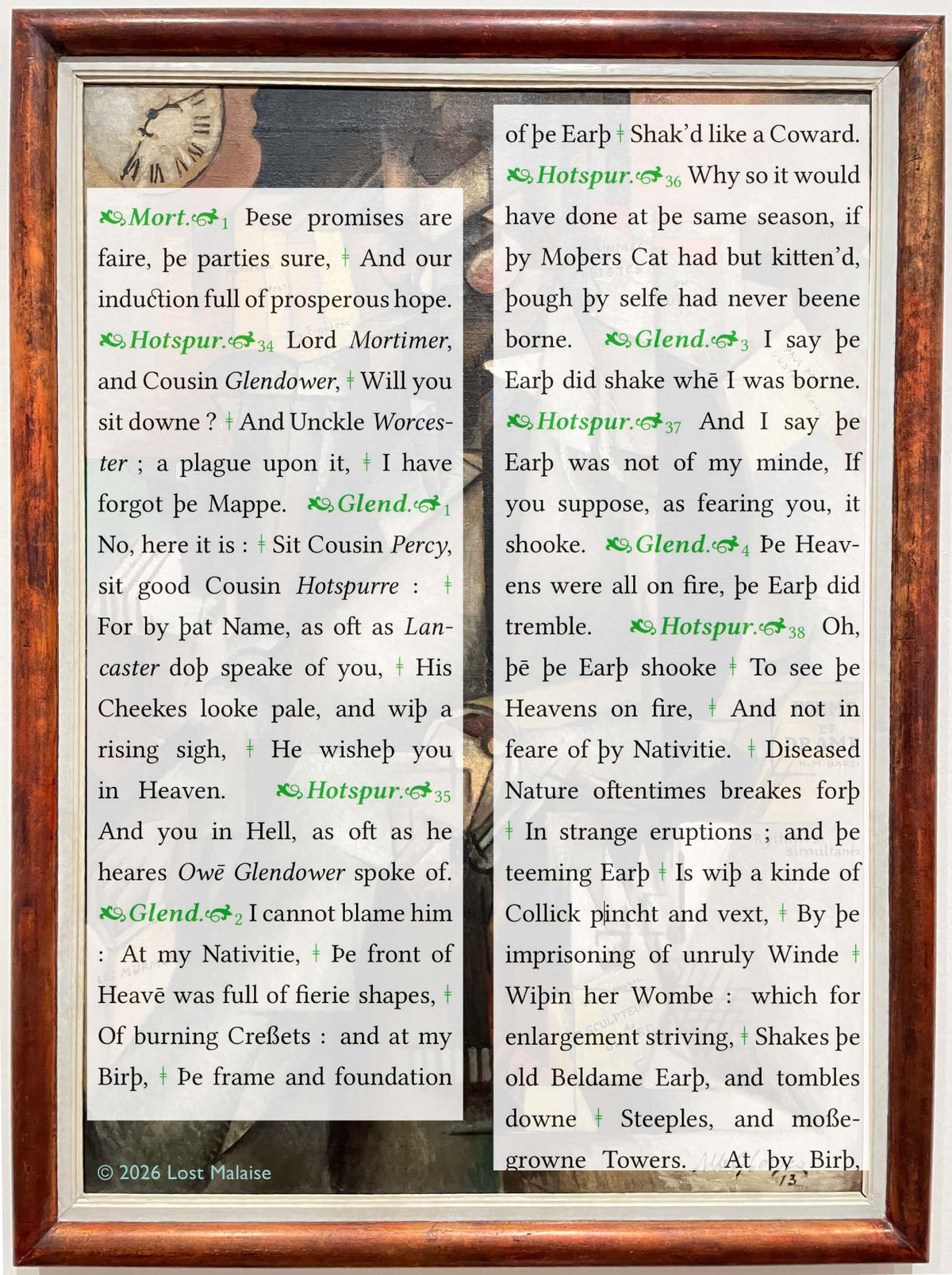 Shakespeare *Henry IV, Part 1* text featuring Mortimer, Hotspur, and Glendower bickering while plotting rebellion, overlaid on an Albert Gleizes-style modernist painting framed in warm wood with layered Cubist forms and muted tones.