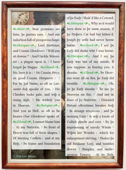 Shakespeare *Henry IV, Part 1* text featuring Mortimer, Hotspur, and Glendower bickering while plotting rebellion, overlaid on an Albert Gleizes-style modernist painting framed in warm wood with layered Cubist forms and muted tones.