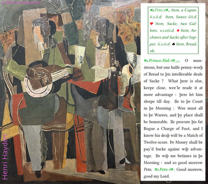 Shakespeare *Henry IV, Part 1* text featuring Prince Hal joking about Falstaff’s appetite and directing tavern affairs, overlaid on a modernist painting by Henri Hayden with Cubist musicians and angular fragmented figures.