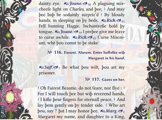 **Shakespeare *King Henry VI, Part 1* romantic encounter scene featuring Suffolk and Margaret, superimposed over a modern French painting evoking industrial warfare, political collapse, and mechanized conflict. Literary collage wall art blending medieval power struggle, wartime romance, historical tragedy, and contemporary European expressionist painting with Shakespeare text montage.**