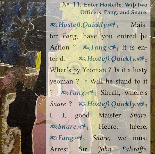 Shakespeare *Henry IV, Part 2* text showing Mistress Quickly, Fang, and Snare arranging the arrest of Sir John Falstaff, overlaid on a Georges Braque-style Cubist painting with fragmented figures and dark abstract forms.