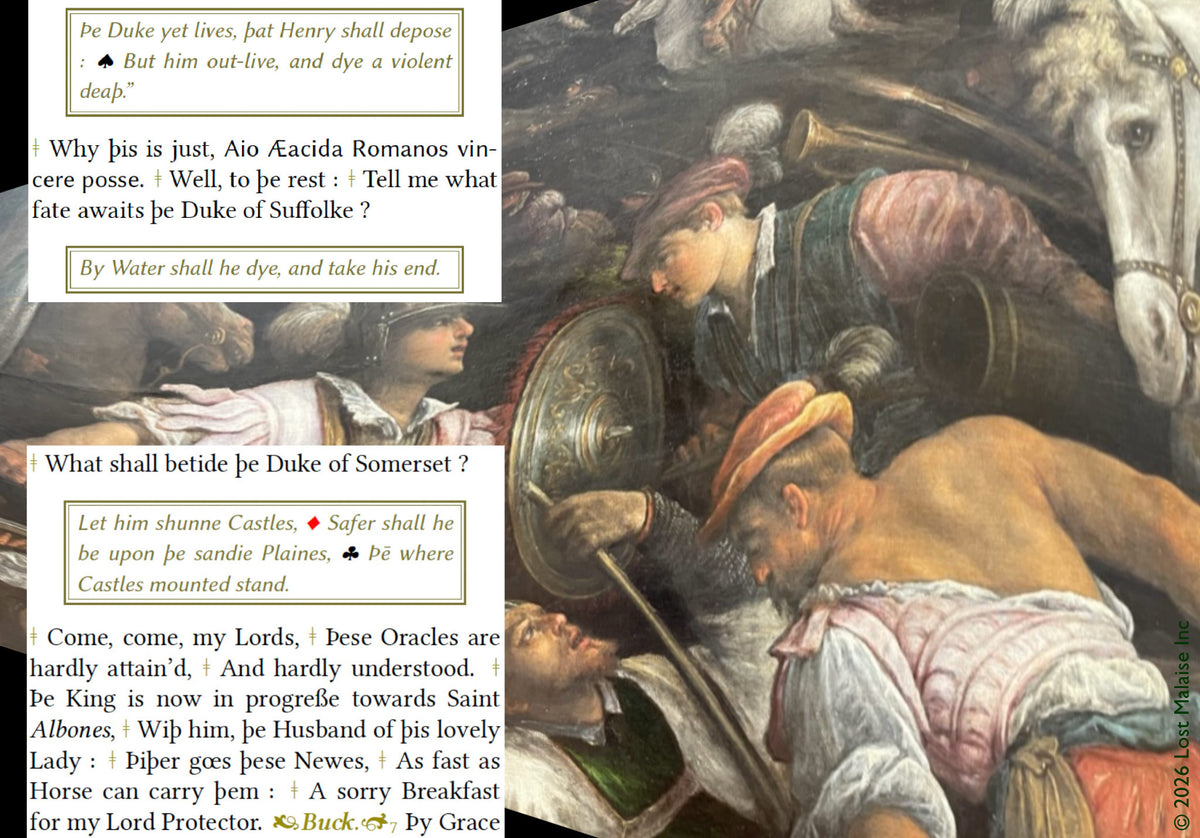 Shakespeare King Henry VI prophecy and battlefield dialogue collage featuring ominous predictions of death and royal downfall, superimposed over Francesco II Bassano’s Scène de bataille, dite Charles VIII recevant la couronne de Naples. Literary wall art blending Renaissance battle painting, medieval warfare, dynastic conflict, royal prophecy, political collapse, and Shakespeare history play text montage.