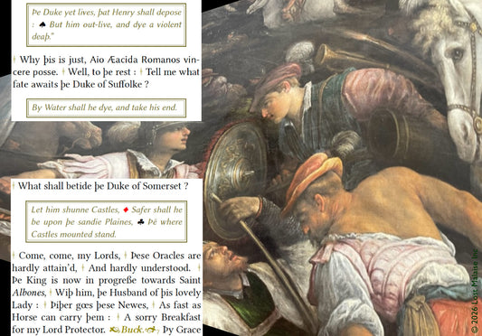 Shakespeare King Henry VI prophecy and battlefield dialogue collage featuring ominous predictions of death and royal downfall, superimposed over Francesco II Bassano’s Scène de bataille, dite Charles VIII recevant la couronne de Naples. Literary wall art blending Renaissance battle painting, medieval warfare, dynastic conflict, royal prophecy, political collapse, and Shakespeare history play text montage.