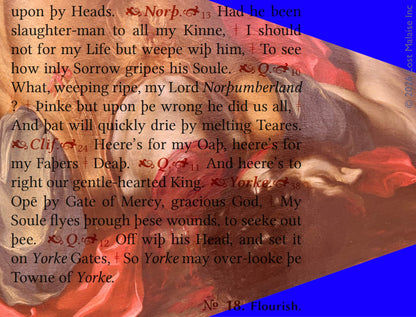 **Shakespeare *Henry VI, Part 3* execution and revenge scene collage featuring Queen Margaret, Clifford, York, and Northumberland amid political violence and civil war, superimposed over a dramatic historical painting of a beheading by an unknown artist. Literary wall art blending Shakespeare history play tragedy, royal vengeance, medieval warfare, martyrdom, dynastic conflict, and Baroque-style death imagery through contemporary text collage.*