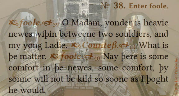 Shakespeare All’s Well That Ends Well text featuring the Clown and Countess sparring over troubling news, overlaid on a vertiginous straight-down view inside the Florence Duomo with geometric marble floors and soaring cathedral architecture.