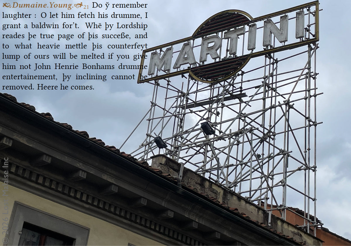 Shakespeare *All’s Well That Ends Well* text transformed with playful Led Zeppelin references to Page, John Bonham, Percy, and “Remember laughter” from “Stairway to Heaven,” overlaid on a rooftop Martini sign and scaffolding beneath a cloudy Florence sky.