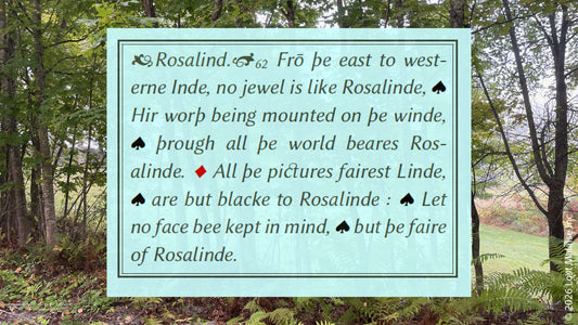 Rosalind’s love letter in As You Like It becomes a meditation on identity, perception, and substitution: a declaration that no beauty in the world holds stability except as it is refracted through Rosalind herself. Set within a forested backdrop, the image frames love as something mobile and performative—like the play’s own disguises—where language travels through disguise, and affection is both constructed and revealed in the same breath.