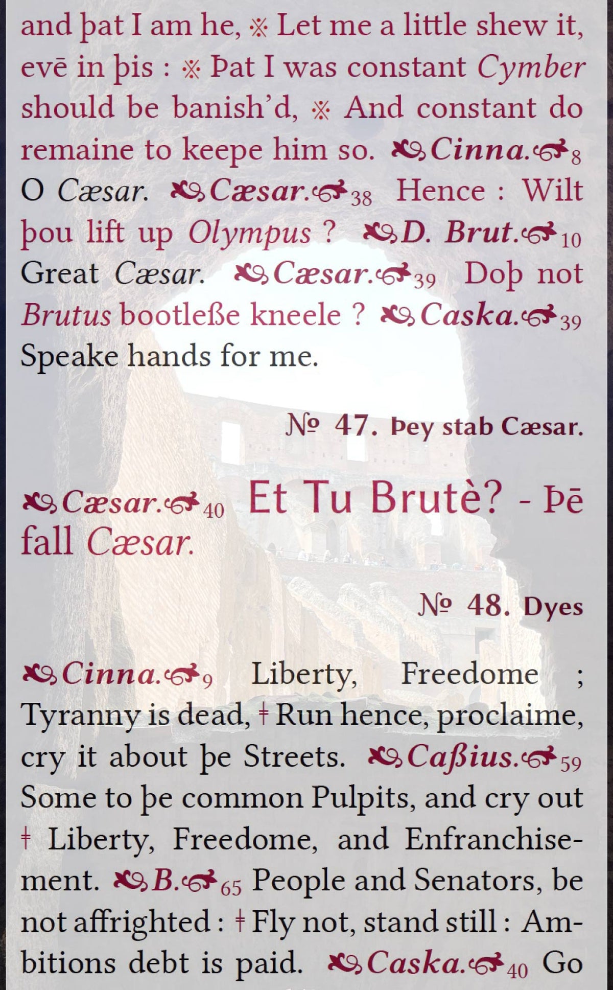 Cover artwork for Julius Caesar in the Fifth Folio edition featuring the assassination of Caesar in layered folio text, including “Et Tu Brute?”, superimposed against a view through a stone archway in the mezzanine of the Roman Colosseum.