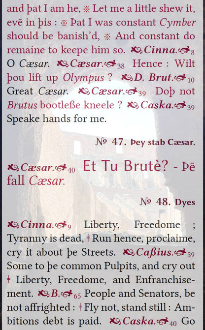 Cover artwork for Julius Caesar in the Fifth Folio edition featuring the assassination of Caesar in layered folio text, including “Et Tu Brute?”, superimposed against a view through a stone archway in the mezzanine of the Roman Colosseum.