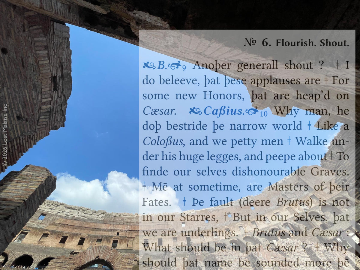 Cover artwork for Julius Caesar in the Fifth Folio edition featuring folio text of Cassius persuading Brutus superimposed against a ground-level photograph looking upward through the interior ruins of the Roman Colosseum.
