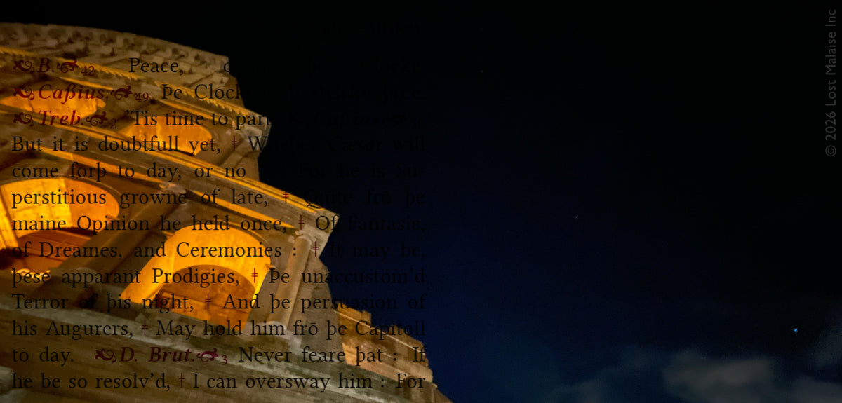 A nocturnal view on the eve of the Ides of March, near Rome’s Capitoline Hill layered with fading text from Julius Caesar. Fragments concerning omens, dreams, and auguries dissolve into darkness.
