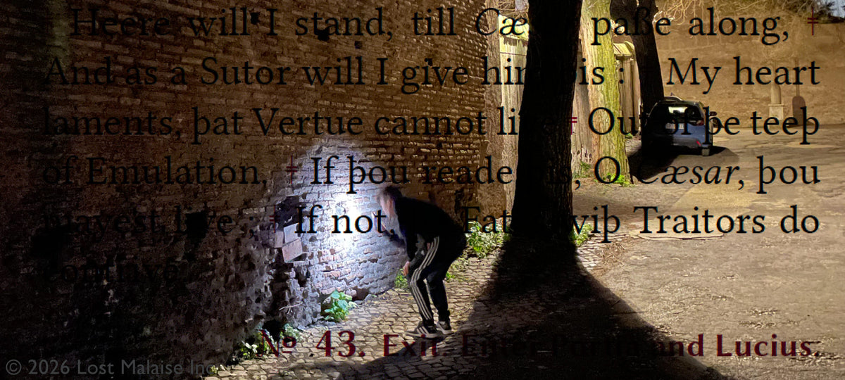 A nighttime photograph near the Roman Forum layered with text from Julius Caesar. Taken on the eve of the Ides of March, the image follows a solitary figure searching among ruins and shadows in contemporary Rome.