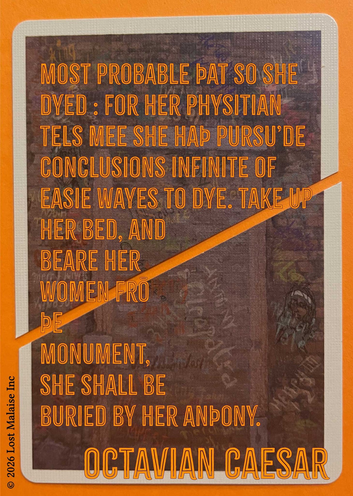 Shakespeare text from *Antony and Cleopatra* in which Octavian Caesar reports Cleopatra’s death and its circumstances, overlaid on a red-toned Egyptian-style relief depicting a female figure in a frozen, sculptural pose, evoking funerary iconography, monumental memory, and imperial narration of death.
