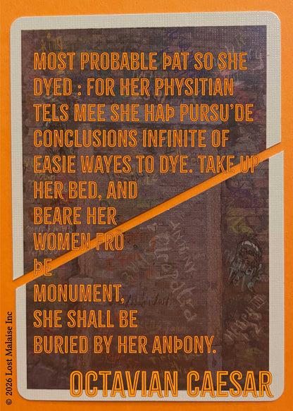 Shakespeare text from *Antony and Cleopatra* in which Octavian Caesar reports Cleopatra’s death and its circumstances, overlaid on a red-toned Egyptian-style relief depicting a female figure in a frozen, sculptural pose, evoking funerary iconography, monumental memory, and imperial narration of death.
