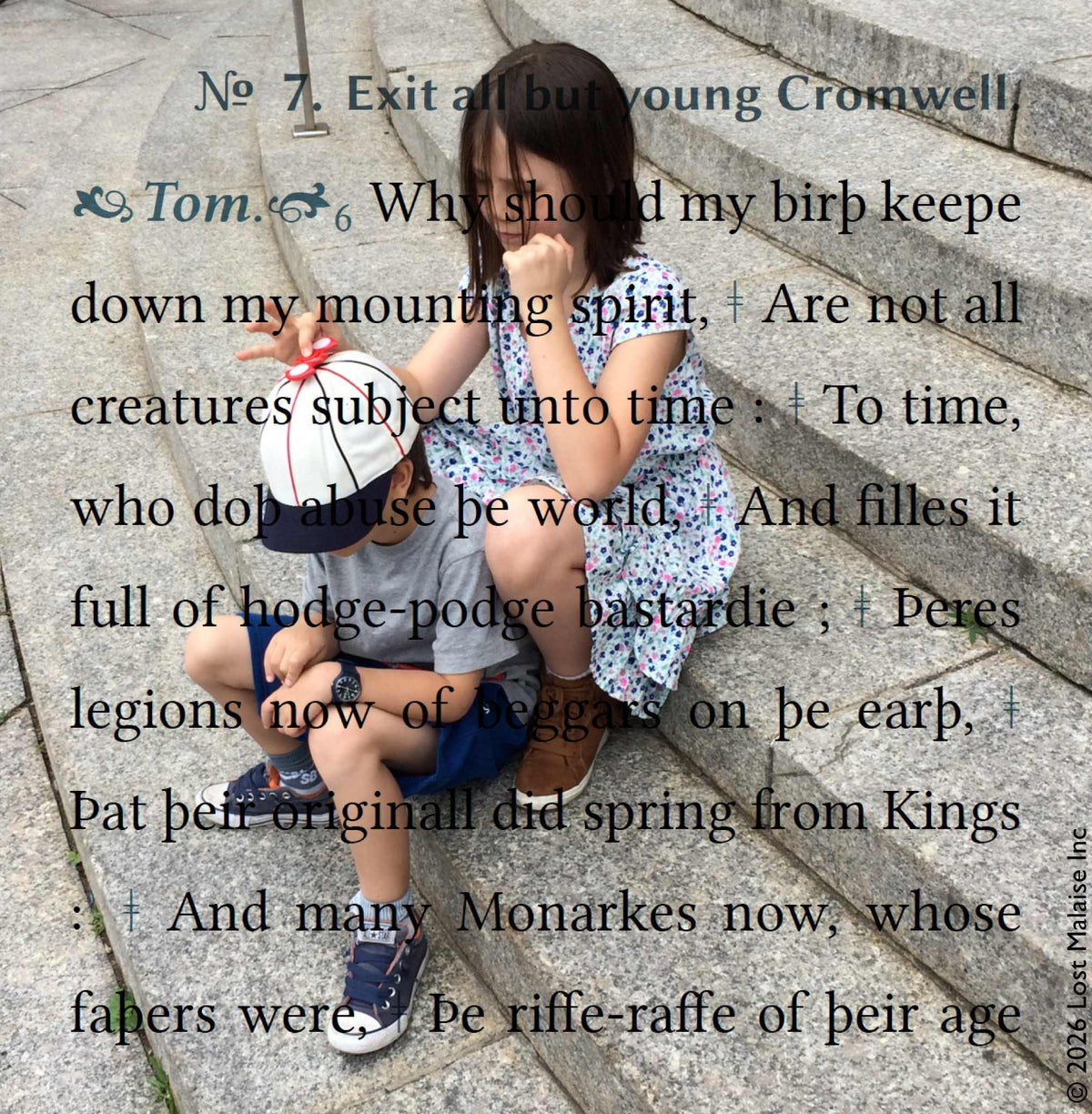 Text from the apocryphal play Lord Cromwell layered over a contemporary photograph of two children seated on public library steps. Exploring youth, ambition, social hierarchy, and the uncertainty of being taken seriously through early modern drama and everyday family life.