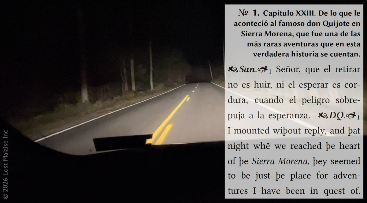 Cover artwork for the Don Quixote play in the Fifth Folio edition featuring text describing a nighttime journey into the secluded Sierra Morena layered over a photograph of a rural road through dark woods taken from inside a moving car.