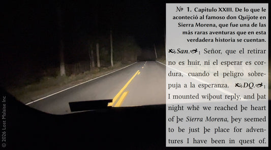 Cover artwork for the Don Quixote play in the Fifth Folio edition featuring text describing a nighttime journey into the secluded Sierra Morena layered over a photograph of a rural road through dark woods taken from inside a moving car.