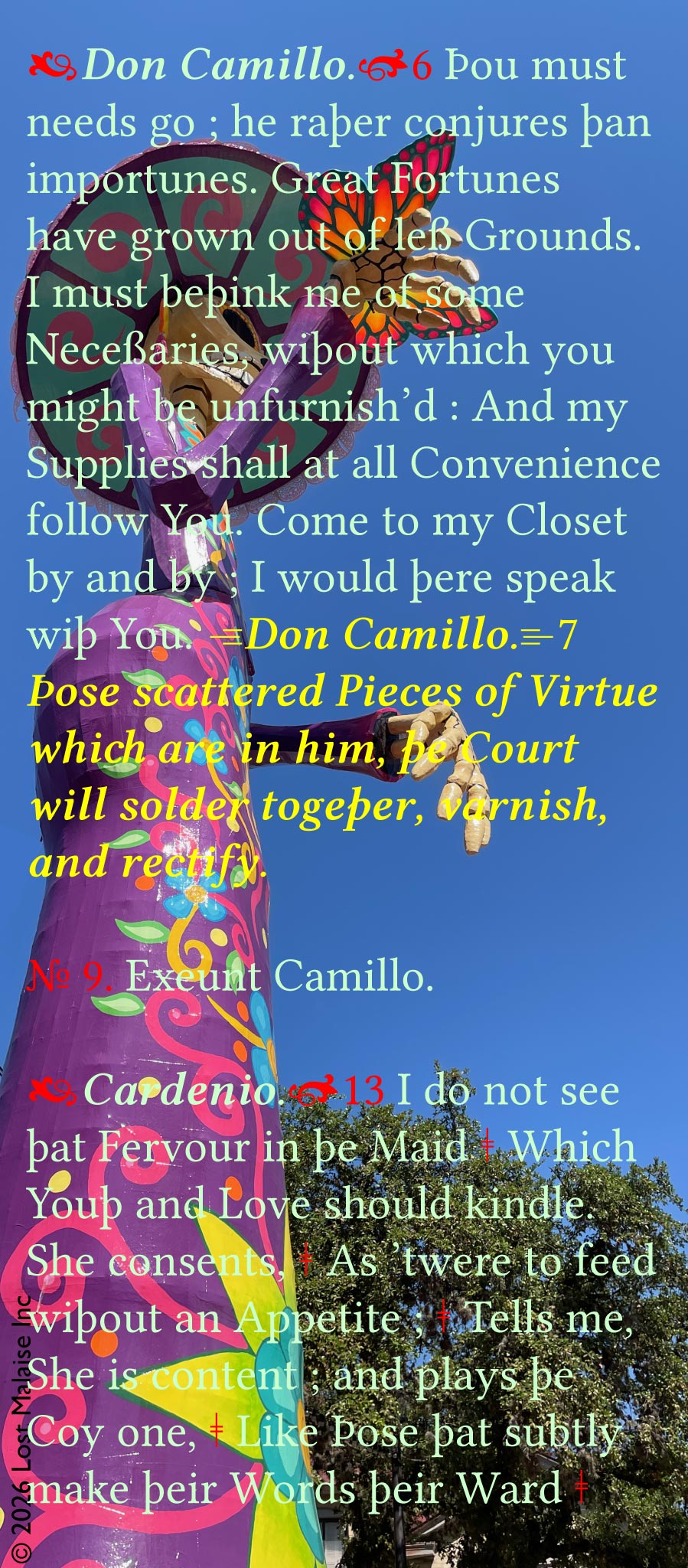 Cover artwork inspired by Don Quixote featuring folio-style text layered over a Day of the Dead figure photographed in San Antonio, with background imagery derived from Gustave Doré’s illustrations for Don Quixote.