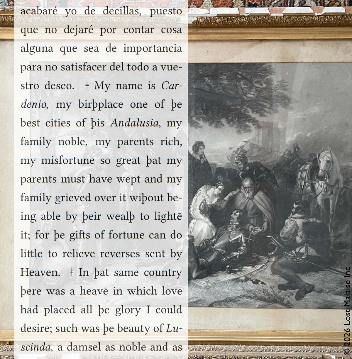 Cover artwork for Cardenio in the Fifth Folio edition featuring folio text recounting noble family, romance, and misfortune layered beside a deteriorating framed print of a wounded nobleman attended by priests, companions, and horsemen in exaggerated melodramatic fashion.