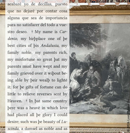 Cover artwork for Cardenio in the Fifth Folio edition featuring folio text recounting noble family, romance, and misfortune layered beside a deteriorating framed print of a wounded nobleman attended by priests, companions, and horsemen in exaggerated melodramatic fashion.