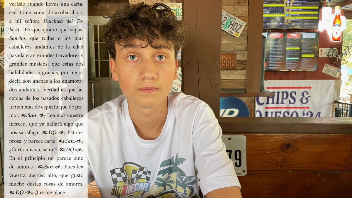 Cover artwork featuring a photograph of young pamphleteer seated inside a Texas cantina outside San Antonio, overlaid with Spanish-language text from Don Quixote discussing wandering knights, music, and letters of love.
