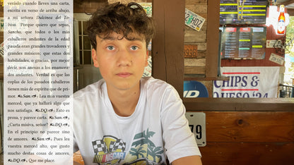 Cover artwork featuring a photograph of young pamphleteer seated inside a Texas cantina outside San Antonio, overlaid with Spanish-language text from Don Quixote discussing wandering knights, music, and letters of love.