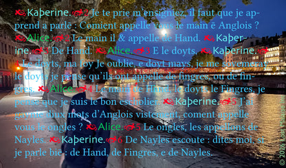 Shakespeare’s comic French lesson from Henry V layered over nighttime photography in Lyon, France, featuring a blurred figure along the Rhône. A contemporary literary collage exploring language, travel, youth, and cultural translation.