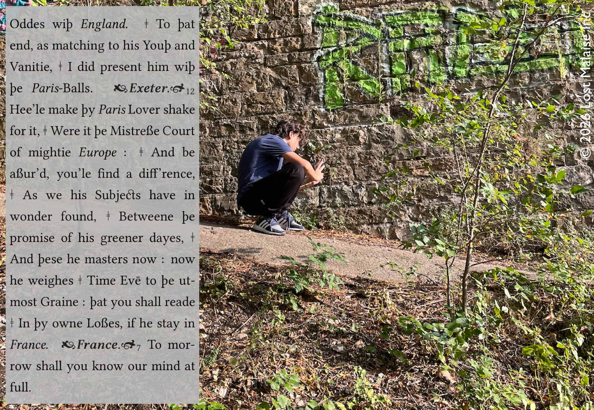 Shakespeare Henry V reflections on youth, reputation, and destiny superimposed over a photograph of a boy on a hillside outside Lyon, France. Literary collage wall art blending Shakespeare text, generational identity, adolescence, and contemporary European landscape photography.