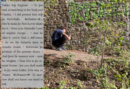 Shakespeare Henry V reflections on youth, reputation, and destiny superimposed over a photograph of a boy on a hillside outside Lyon, France. Literary collage wall art blending Shakespeare text, generational identity, adolescence, and contemporary European landscape photography.