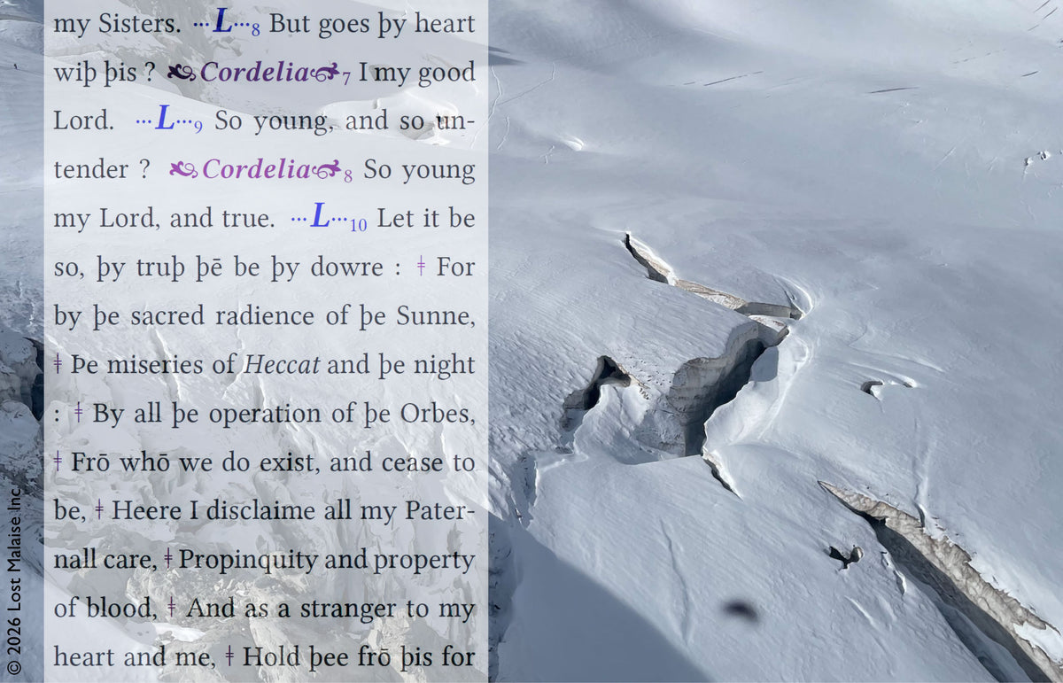 Shakespeare King Lear scene between Burgundy, Cordelia, and Lear superimposed over a fractured alpine snowscape. Literary collage wall art exploring pride, inheritance, emotional distance, and tragic negotiation through mountain photography and Shakespeare text montage.