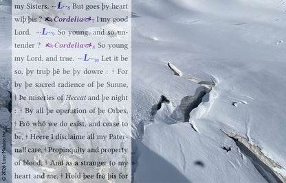 Shakespeare King Lear scene between Burgundy, Cordelia, and Lear superimposed over a fractured alpine snowscape. Literary collage wall art exploring pride, inheritance, emotional distance, and tragic negotiation through mountain photography and Shakespeare text montage.