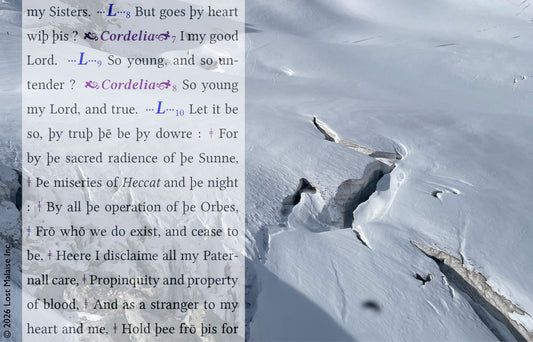 Shakespeare King Lear scene between Burgundy, Cordelia, and Lear superimposed over a fractured alpine snowscape. Literary collage wall art exploring pride, inheritance, emotional distance, and tragic negotiation through mountain photography and Shakespeare text montage.
