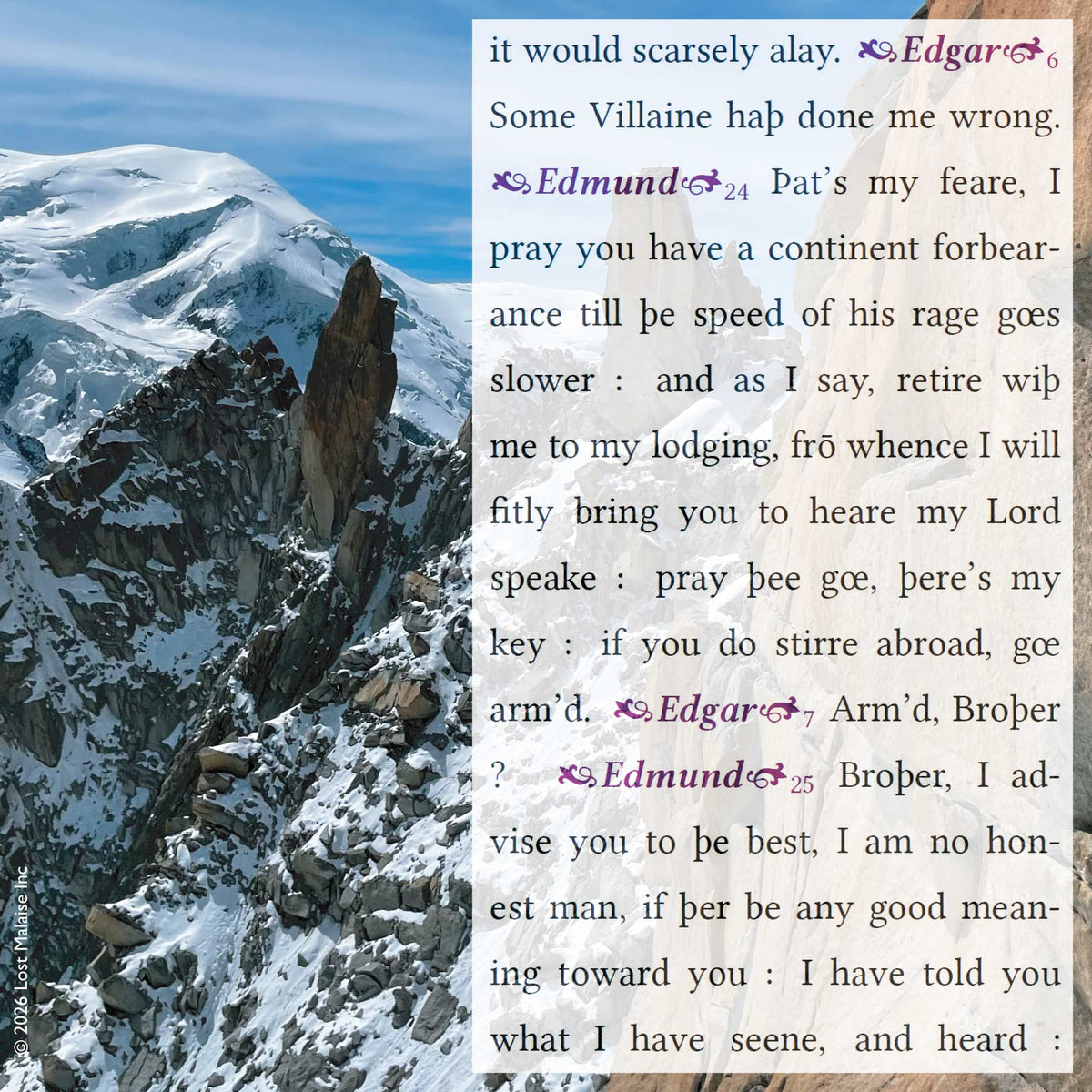 Edgar and Edmund enact a high-altitude deception scene from *King Lear*, set against a precarious Alpine landscape where elevation becomes a metaphor for misreading, betrayal, and unstable perception. Suspended nearly 16,000 feet high, language and terrain mirror each other: shifting loyalties cut as sharply as rock faces, and trust thins in the air as Edmund performs honesty while engineering doubt.