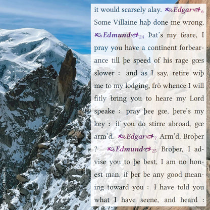 Edgar and Edmund enact a high-altitude deception scene from *King Lear*, set against a precarious Alpine landscape where elevation becomes a metaphor for misreading, betrayal, and unstable perception. Suspended nearly 16,000 feet high, language and terrain mirror each other: shifting loyalties cut as sharply as rock faces, and trust thins in the air as Edmund performs honesty while engineering doubt.