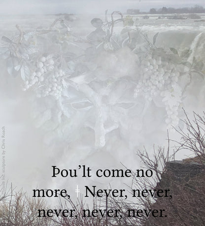 Final cover artwork for King Lear in the Fifth Folio edition featuring Lear’s final lament, “Never, never, never, never, never,” layered over mist, melting water, and a pale sculptural face dissolving into the spray of Niagara Falls.