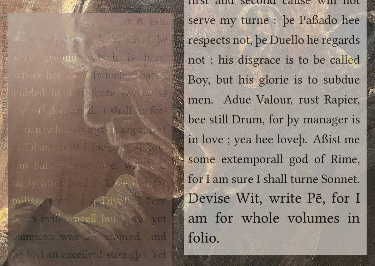 A passage from Love’s Labour’s Lost imagining ambition large enough for “whole volumes in folio,” set against a portrait painted and inscribed to the editor by Antoun Bittar in 1969. The image became less illustration than invocation: a private family object unexpectedly answering the scale of the work itself.