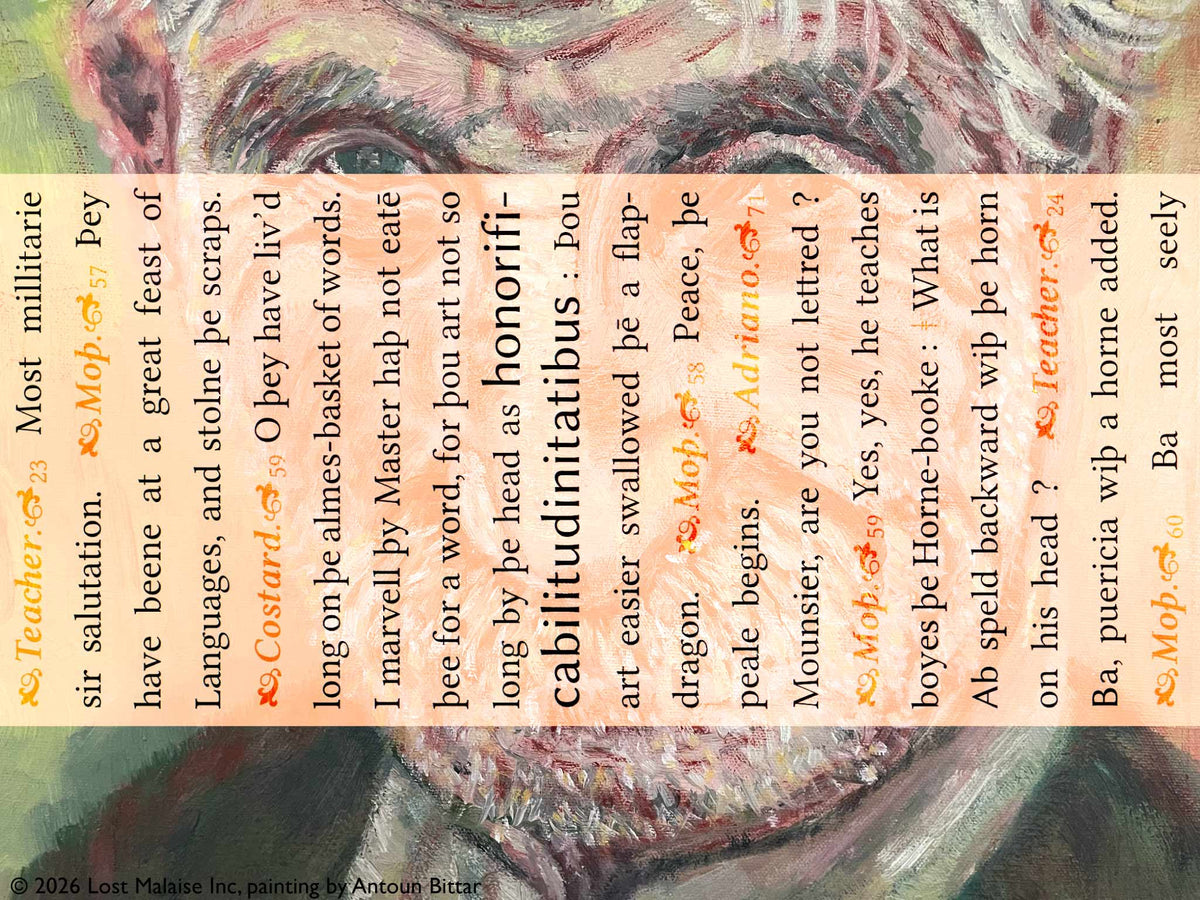 Cover artwork for Love’s Labour’s Lost in the Fifth Folio edition featuring the comic exchange surrounding the absurdly long word “honorificabilitudinitatibus” layered over an expressive portrait painting by Antoun Bittar rendered in vivid brushwork and exaggerated facial detail.