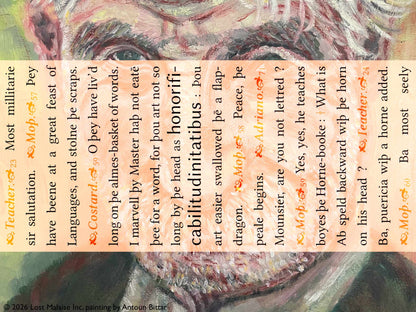 Cover artwork for Love’s Labour’s Lost in the Fifth Folio edition featuring the comic exchange surrounding the absurdly long word “honorificabilitudinitatibus” layered over an expressive portrait painting by Antoun Bittar rendered in vivid brushwork and exaggerated facial detail.
