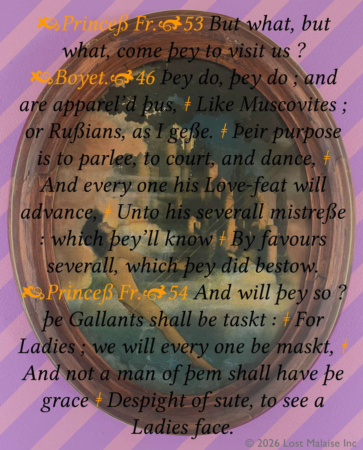 Shakespeare *Love’s Labour’s Lost* text describing masked courtship and Muscovite disguises, overlaid on a dreamlike painting of an androgynous figure reclining on a swing within an oval frame against a striped lavender background.