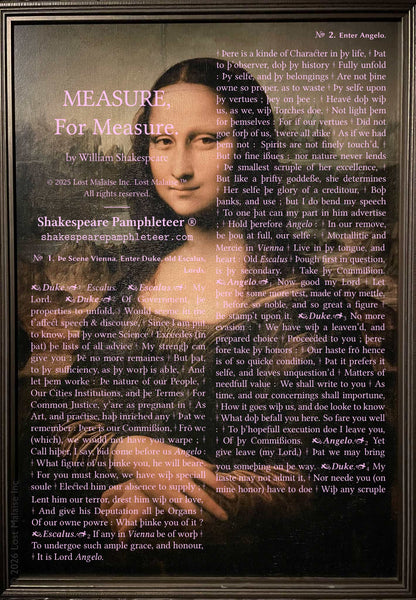 Shakespeare Measure for Measure opening scene text in pink typography, overlaid on a Mona Lisa image blending Renaissance portraiture with theatrical text collage.