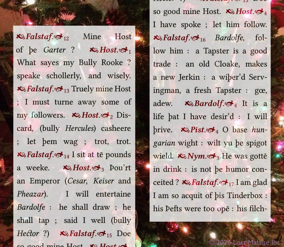 Shakespeare *The Merry Wives of Windsor* text featuring Falstaff and the Host of the Garter Inn in comic tavern conversation, overlaid against a glowing Christmas tree with colorful holiday lights and ornaments.