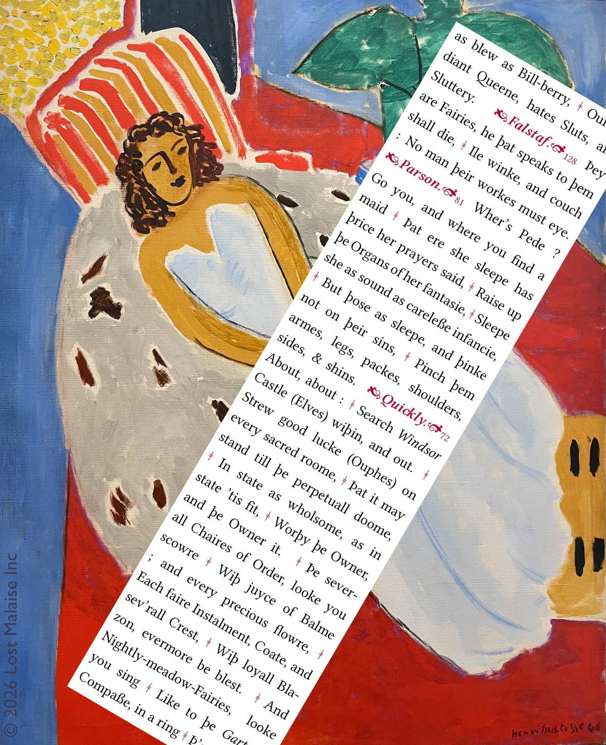 Shakespeare *The Merry Wives of Windsor* text describing Falstaff, fairies, and comic nighttime enchantments, overlaid in a playful early twentieth-century collage style onto a colorful Henri Matisse interior painting with a reclining figure and bold patterned forms.