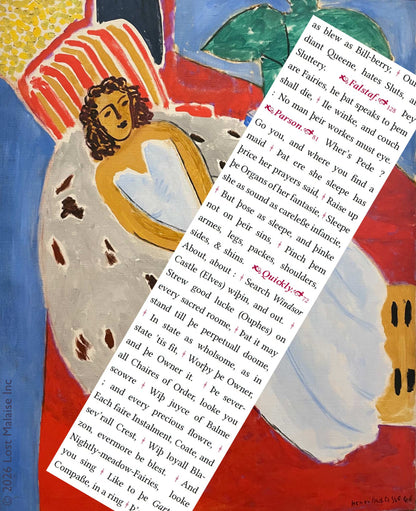 Shakespeare *The Merry Wives of Windsor* text describing Falstaff, fairies, and comic nighttime enchantments, overlaid in a playful early twentieth-century collage style onto a colorful Henri Matisse interior painting with a reclining figure and bold patterned forms.