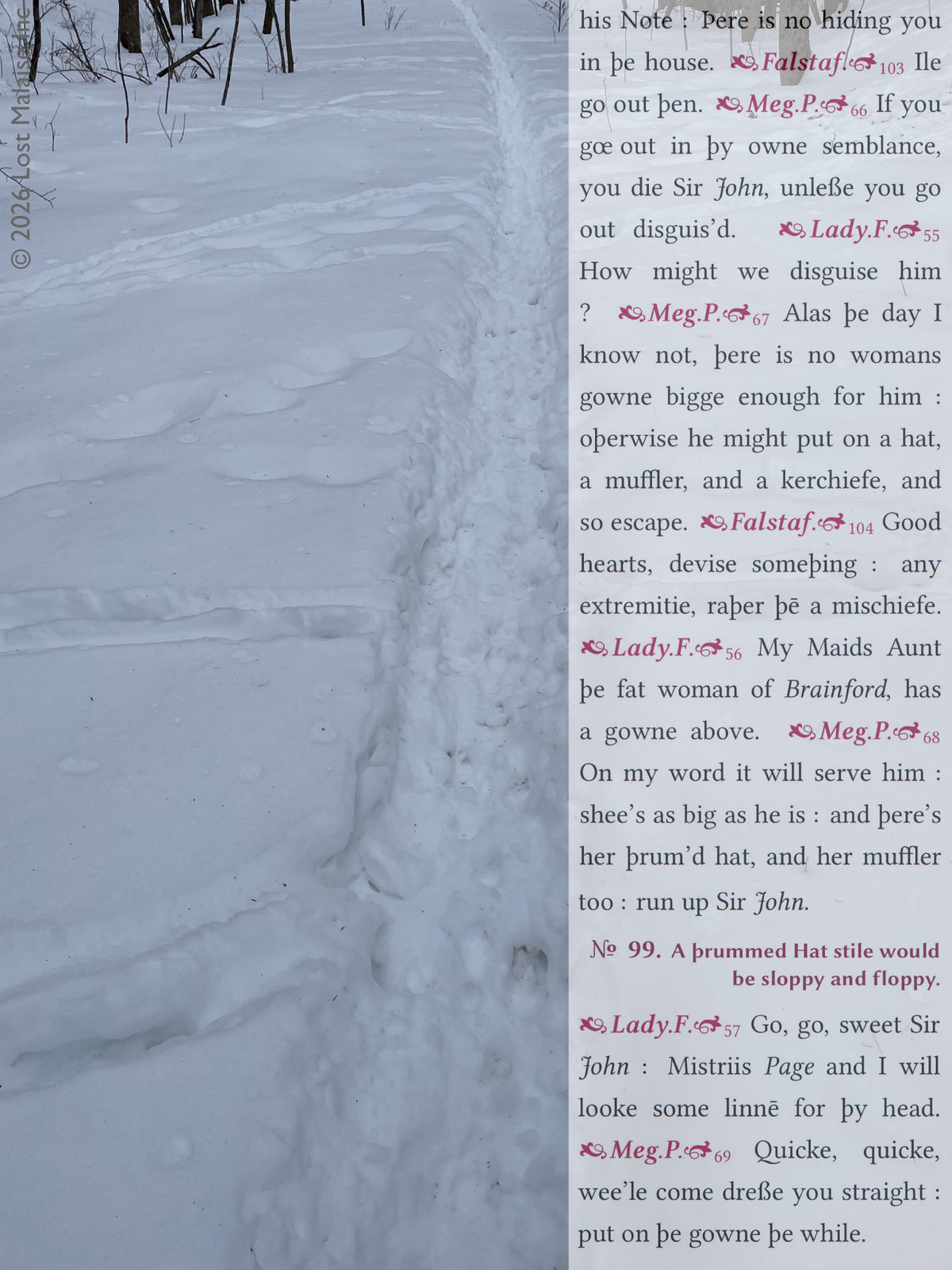 Shakespeare *The Merry Wives of Windsor* text describing Falstaff disguising himself in women’s clothing to escape discovery, overlaid on a quiet snowy woodland footpath marked by human and animal tracks.