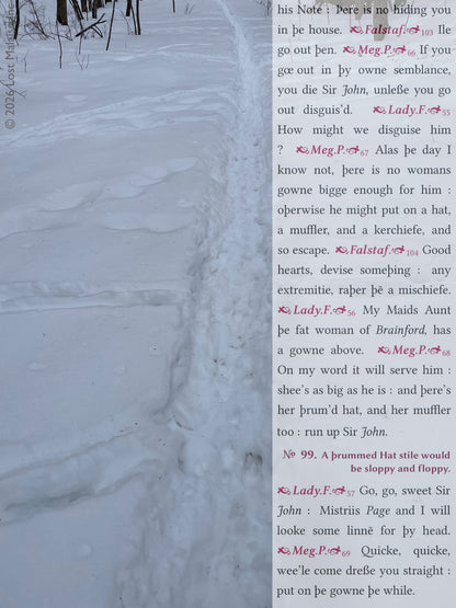 Shakespeare *The Merry Wives of Windsor* text describing Falstaff disguising himself in women’s clothing to escape discovery, overlaid on a quiet snowy woodland footpath marked by human and animal tracks.