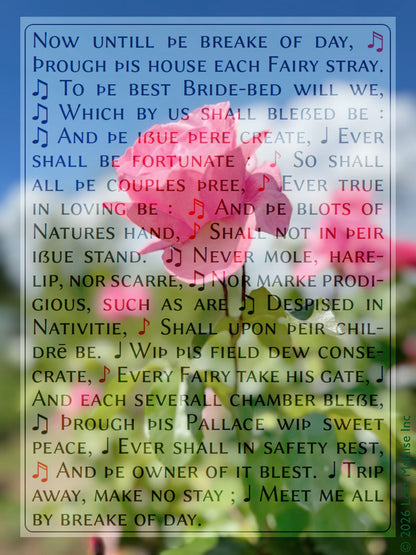 A Midsummer Night’s Dream – fairy scene text overlay set in a flowering garden with pink flowers.